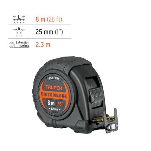 Flexómetro Truper Negro contra Impactos 8 m 25 mm