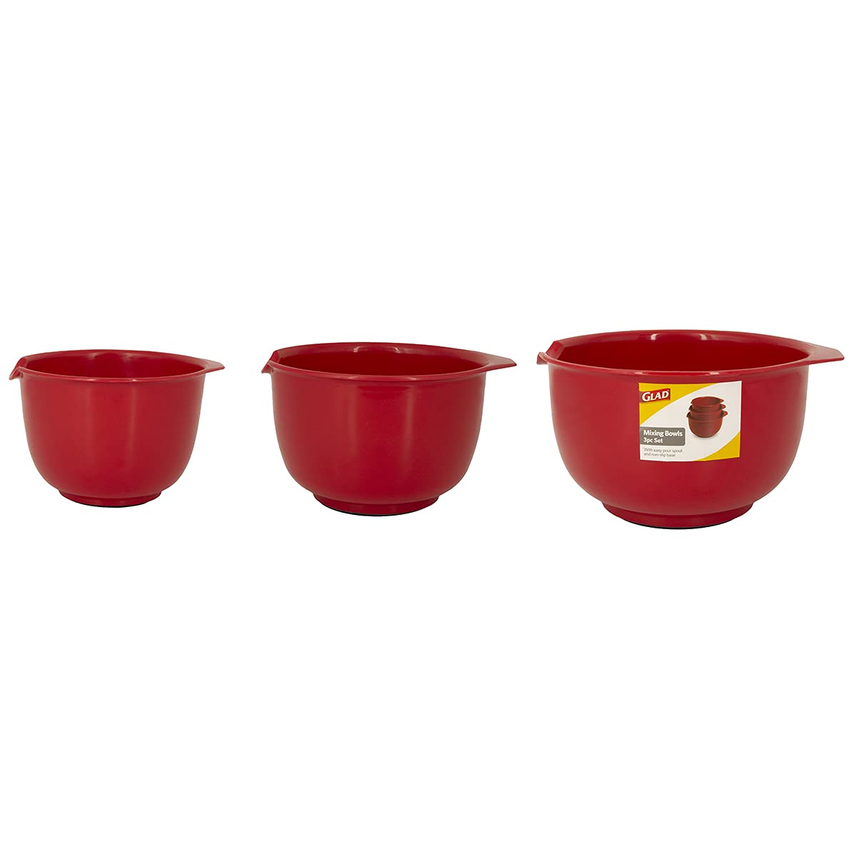 Glad Cuencos para mezclar con boquilla de vertido, juego de 3, diseño de anidación que ahorra espacio, antideslizantes, sin BPA, aptos para lavaplatos, suministros de cocina y horneado, color rojo