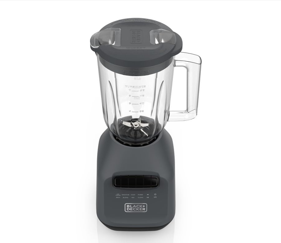 Black & Decker Ice Crush Blender con tarro de plástico PerfectPour de 60 onzas (7 tazas), potente hoja de acero inoxidable de 6 puntas, 8 velocidades más pulso, 750 vatios pico de potencia