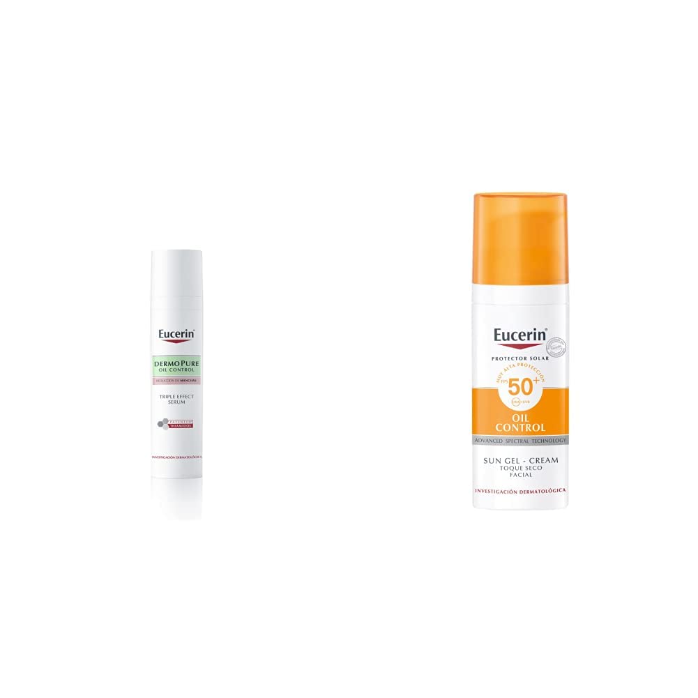 Serum facial ligero DermoPure Triple Effect (40 ml), Efecto Anti-Manchas + Protector solar facial efecto mate toque seco Oil Control, 50 ml