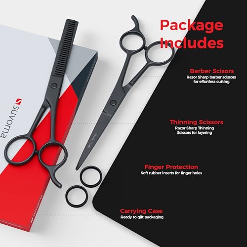 Suvorna Juego de tijeras de corte de pelo de 6,5 pulgadas con tijeras de adelgazamiento para peluqueros, peluqueros y uso doméstico - Juego de tijeras de pelo para adelgazar y cortar (negro)