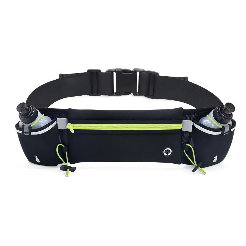 Garselay Cangurera Deportiva, Riñonera Deportiva con 2 Botellas de Agua, Cinturón Hidratación Running Reflectante con Orificio para Auriculares, Bolsa para Correr, Ciclismo, Gimnasio, Senderismo-Verde
