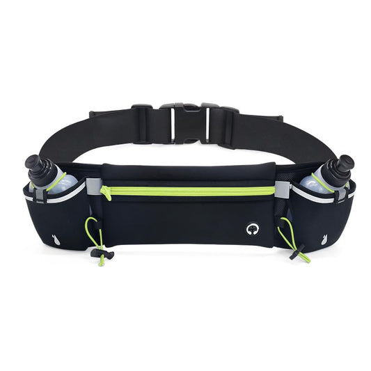 Garselay Cangurera Deportiva, Riñonera Deportiva con 2 Botellas de Agua, Cinturón Hidratación Running Reflectante con Orificio para Auriculares, Bolsa para Correr, Ciclismo, Gimnasio, Senderismo-Verde