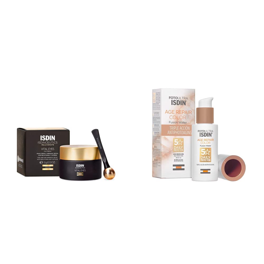ISDIN Isdinceutics vital eyes, crema contorno de ojos antiarrugas,15 ml + FotoUltra Age Repair Fusion Color Water SPF 50 - Protector solar facial de fase acuosa,con color, 50 ml