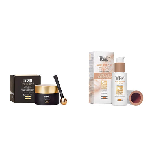 ISDIN Isdinceutics vital eyes, crema contorno de ojos antiarrugas,15 ml + FotoUltra Age Repair Fusion Color Water SPF 50 - Protector solar facial de fase acuosa,con color, 50 ml