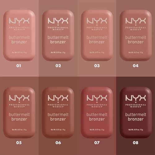 NYX Professional Makeup, Buttermelt Bronzer, Tono: All Butta D Up (café cacao). Bronceador cremoso en polvo infusionado con manteca de karité, mango y almendras, hasta 12hrs de uso, no se desvanece, resistente a transferencias. Fórmula vegana.