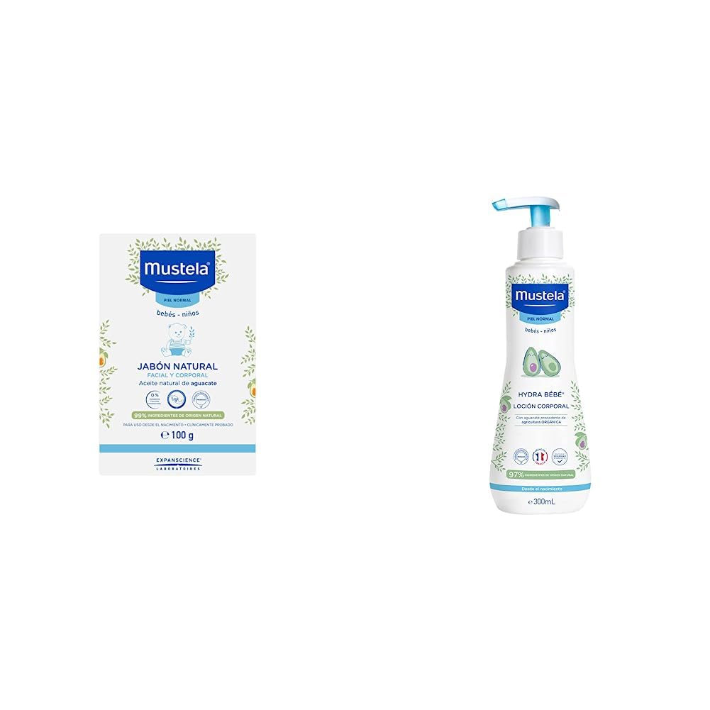 Mustela Jabón Natural Piel Normal, Facial Y Corporal En Barra, 100G + Hydrabebé, Crema Corporal Hidratante para Bebé o Niño con Piel Normal, 300mL