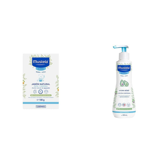 Mustela Jabón Natural Piel Normal, Facial Y Corporal En Barra, 100G + Hydrabebé, Crema Corporal Hidratante para Bebé o Niño con Piel Normal, 300mL