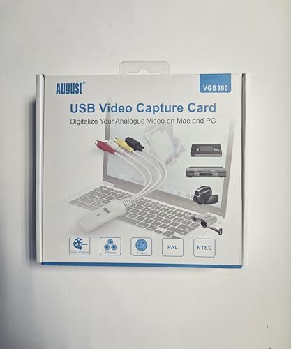August Tarjeta de Captura de vídeo USB VGB300 - Transferencia VHS Hi8 de 8 mm a PC o Mac Compuesto en o S-Video para videocámaras y grabadora de vídeo VCR/Captura para Xbox 360 y PS3 Gameplay