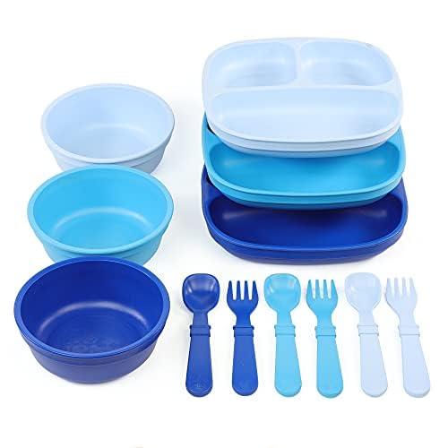 RE-PLAY | Hecho en Estados Unidos | Juego de 3 comidas al día | 3 platos divididos, 3 cuencos de base ancha, 3 juegos de utensilios | Sin BPA | Hecho de jarras de leche recicladas ecológicas | Colección Hues | (Bluesy)
