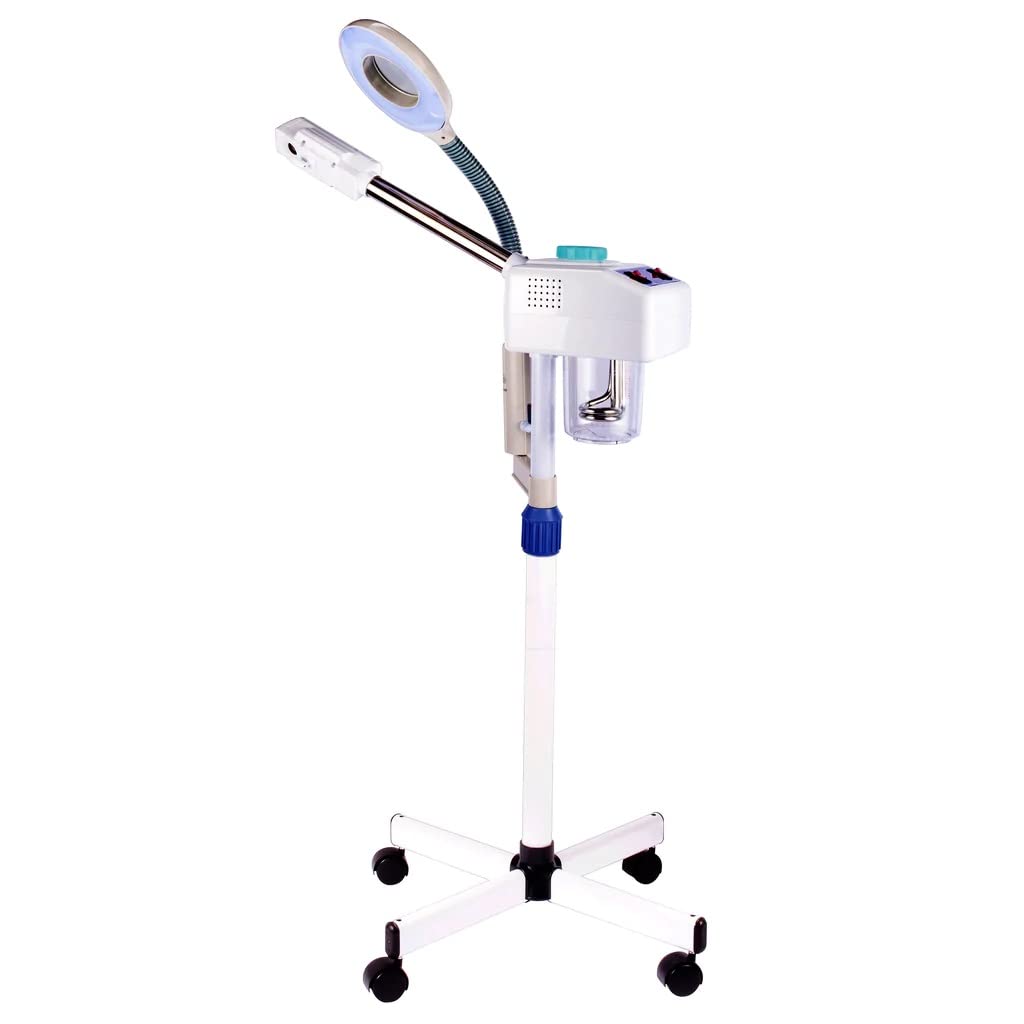 Vaporizador Generación de Ozono con Lupa y Luz Led Pedestal Facial Spa Salon de Belleza Barberia Vapor caliente abre los poros y suaviza la piel Letmex BM3058