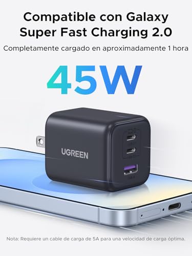 Cargador Portátil UGREEN 45W GAN Negro con Carga Súper Rápida 2.0 para Galaxy y iPhone