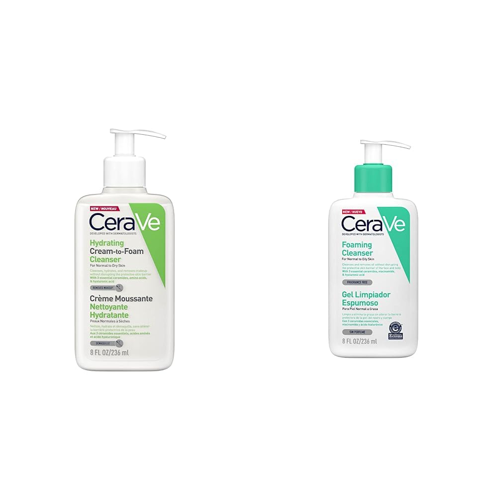 CeraVe Limpiadora Crema-Espuma Hidratante Facial Diaria para Piel Normal a Seca 236ml + Gel Limpiador Espumoso Diario para Piel Mixta, Grasa o con Acné 236ml