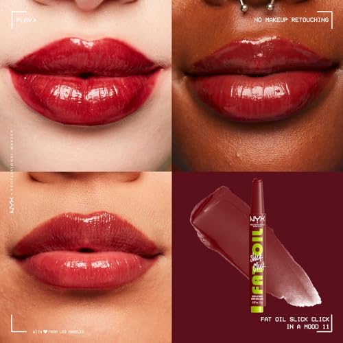 NYX Professional Makeup, Fat Oil Slick Click, 2gr. Tono: In a Mood. Brillo de labios en barra, hidrata hasta por 12hrs, sensación no pegajosa, con infusión de aceite de aguacate, frambuesa y zarzamora. Fórmula vegana.