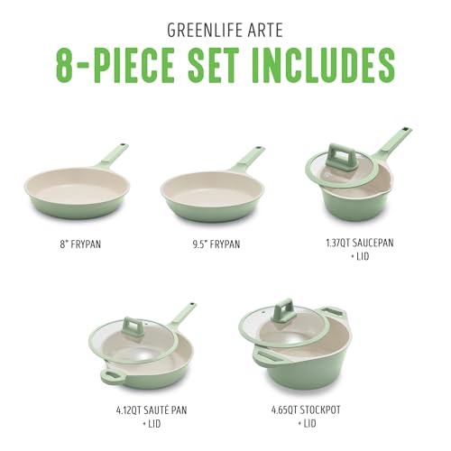 GreenLife Arte - Juego de ollas y sartenes antiadherentes de cerámica de 8 piezas, apto para inducción, última intervensión de PFOA y PFAS, asas que se mantienen frescas, tapas de vidrio, cacerolas y