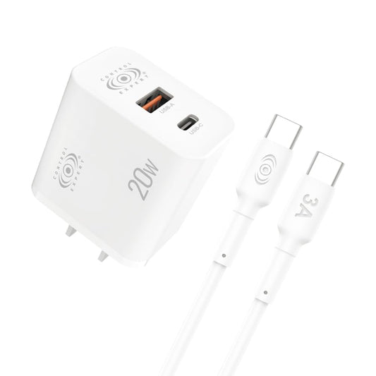 CONTROL EXPERT Turbo Cargador Tipo C y USB 2 Puertos 20W Cable 1 Metro 3A Cargador de Pared PD Cargador USB C con 2 Puertos (Blanco)