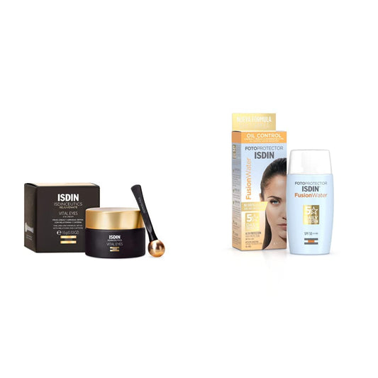 ISDIN Isdinceutics vital eyes, crema contorno de ojos antiarrugas, con melatonina y cafeina, 15 ml + Fotoprotector Fusion Water SPF 50, Protector Solar Facial de fase acuosa 50 ml