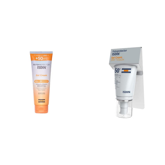 ISDIN Fotoprotector Gel Cream SPF 50+, Protector Solar Corporal refrescante e hidratante, Ideal para Toda la Familia, 250 ml + Fotoprotector SPF 50+ Gel Crema Dry Touch 50 ml - Protector Solar