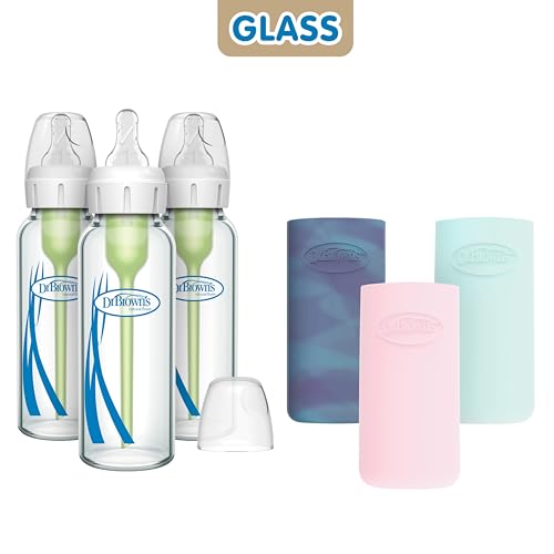 Dr. Brown's Natural Flow Options+ biberón de vidrio estrecho, 8 onzas/250 ml, con funda de botella de silicona, paquete de 3, brillante/rosa/menta