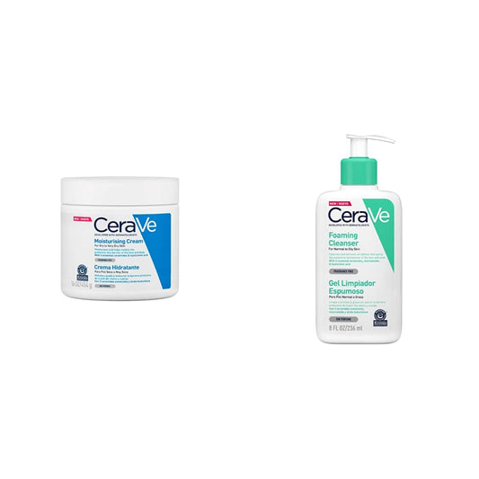 CeraVe Crema Hidratante |454gr| Hidrante diario para rostro y cuerpo para piel seca + Gel Limpiador Espumoso Diario para Piel Mixta, Grasa o con Acné 236ml