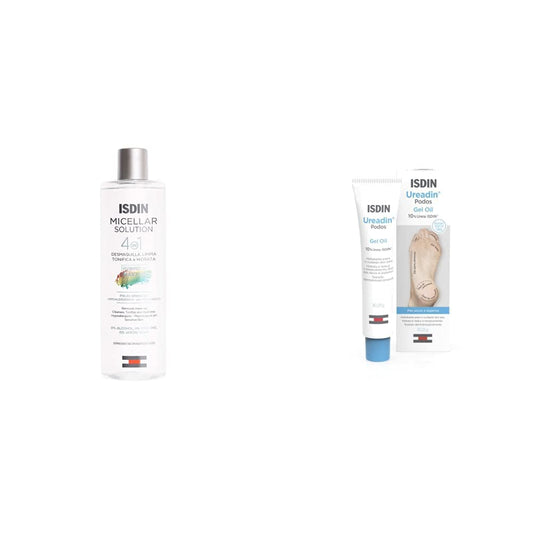 ISDIN Micellar Solution 4 en 1 Agua Micelar: Limpia, Desmaquilla, Hidrata y Tonifica, 400ml + Ureadin Podos Gel Oil, Repara e hidrata los pies secos y agrietados, 75ml
