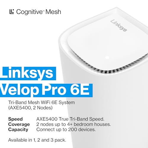 Linksys Velop Pro 6E WiFi Mesh System | Dos enrutadores de Malla cognitiva de Triple Banda con Velocidad de 5.4 Gbps (AXE5400) | Cobertura en Toda la casa de hasta 6.000 pies Cuadrados | Conecta más