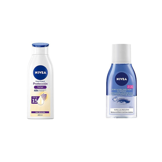 NIVEA Crema Corporal Humectante Protección Solar (400 ml) l + Desmaquillante facial Bifásico de Ojos (125 ml)