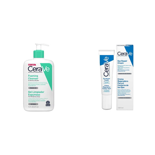 CeraVe Gel Limpiador Espumoso |473ml| Limpiador diario para piel mixta grasa o con acné + Crema Reparadora para el Contorno de Ojos |14gr| Crema hidratante de ojos para bolsas y ojeras