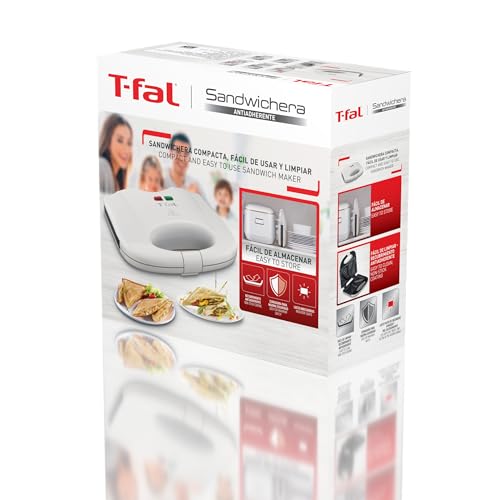 T-fal Sandwichera blanca con recubrimiento antiadherente, compacta, para 2 porciones de sándwiches, Con luz indicadora y fácil de limpiar, SM2111MX
