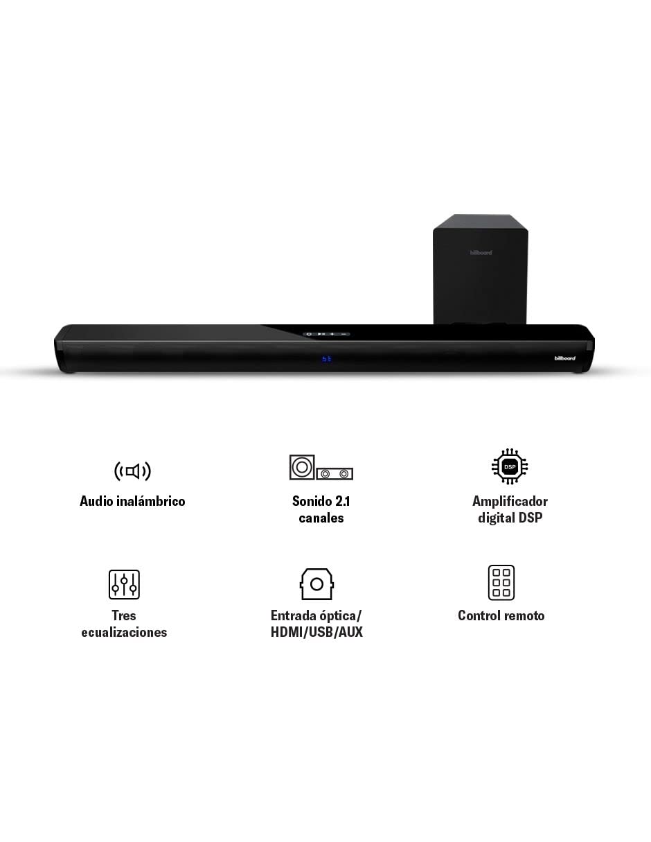 Billboard Barra De Sonido Studio Pro Cinema Expirience con Subwoofer | Conexión Inalámbrica | 3 Ecualizaciones | Conexiones HDMI ARC, Óptica, Entrada USB y Auxiliar 3.5 mm