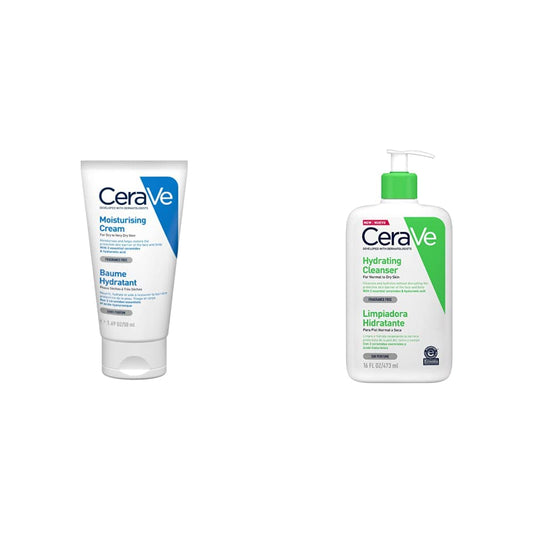 CeraVe Cerave crema hidratante |50ml| hidrante diario para rostro y cuerpo para piel seca + Limpiadora Hidratante |473ml| Limpiador facial diario para piel seca | Libre de fragancia