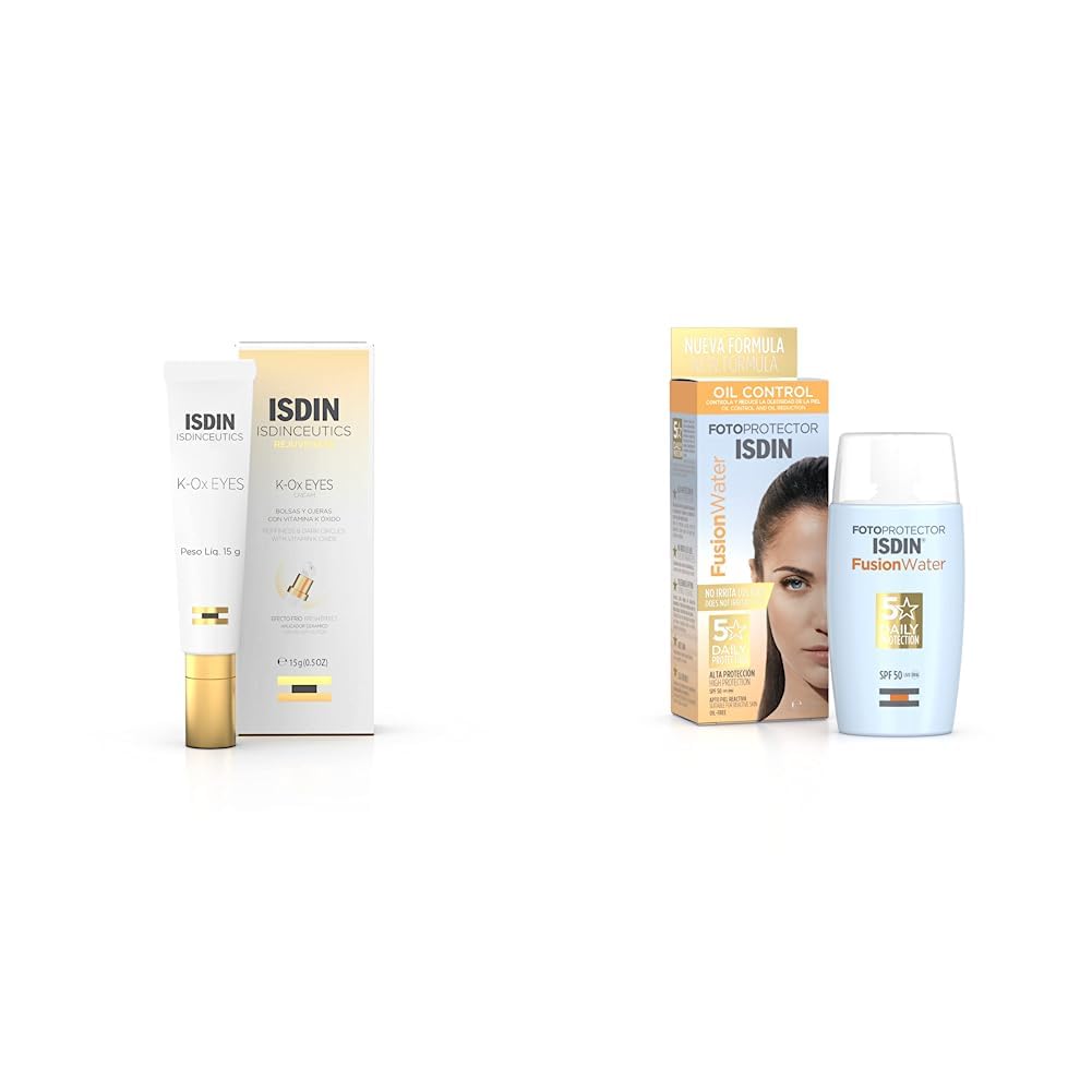 Isdinceutics Contorno de ojos K-Ox Eyes 15Ml + Fotoprotector Fusion Water SPF 50, Protector Solar Facial de fase acuosa para uso diario, Textura ultra ligera, 50 ml