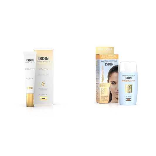 Isdinceutics Contorno de ojos K-Ox Eyes 15Ml + Fotoprotector Fusion Water SPF 50, Protector Solar Facial de fase acuosa para uso diario, Textura ultra ligera, 50 ml