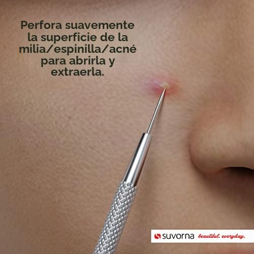 Herramienta para eliminar milia Suvorna Skinpal, removedor de granos, extractor para granos, puntos negros, puntos blancos, comedones, acné, espinillas, imperfecciones, quistes y manchas.