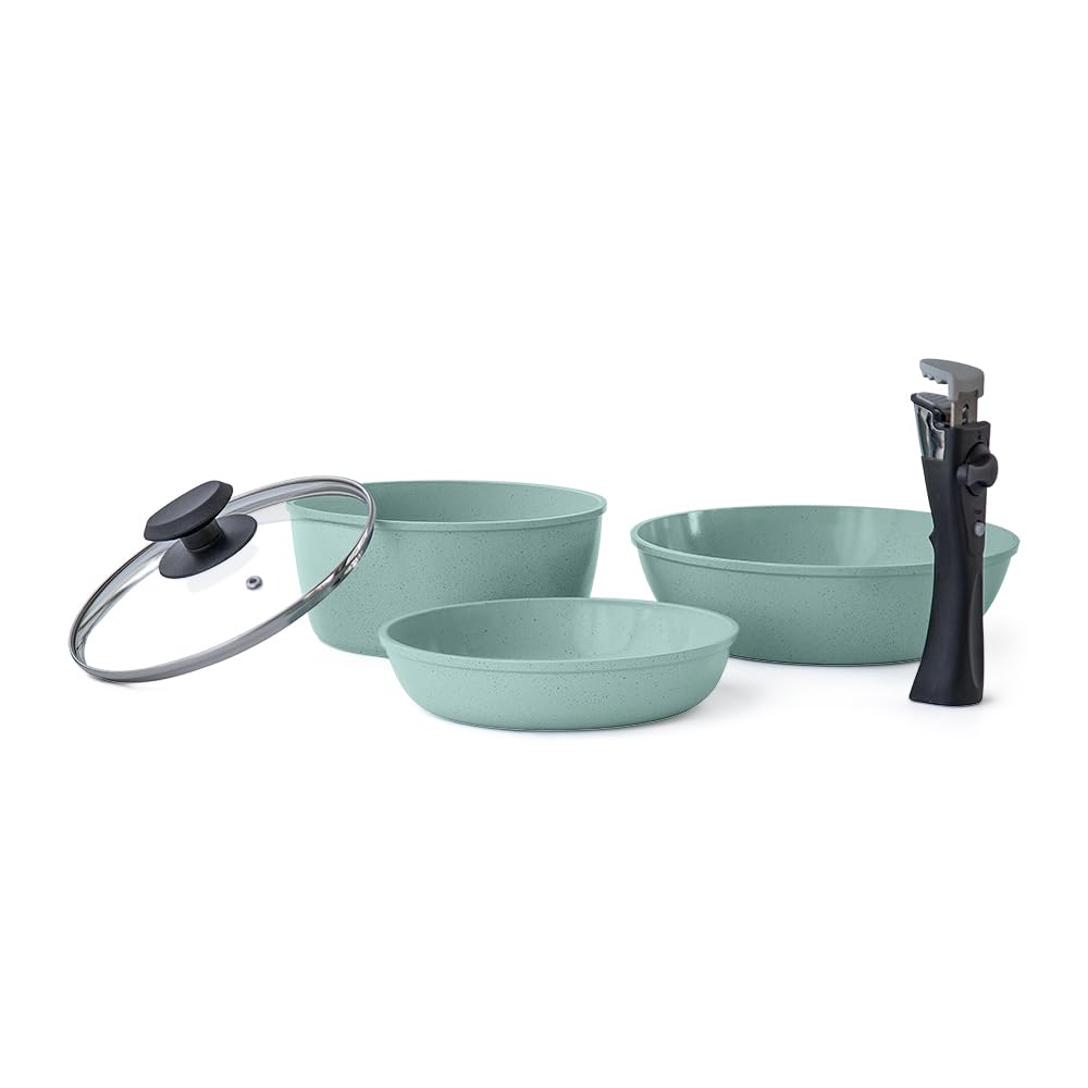 JADECOOK Batería de Cocina Jade Smart 14 piezas mango desmontable con 6 Capas de Recubrimiento Antiadherente Libre de Toxicos