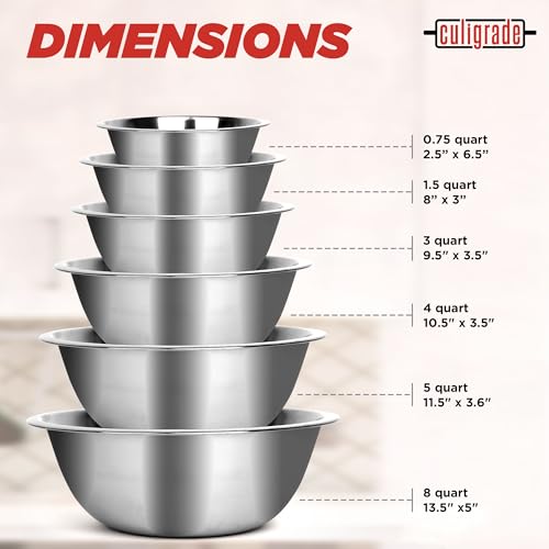 Culinary Depot - Juego de 6 cuencos para mezclar (acero inoxidable, para cocinar, hornear, preparar comidas, servir, rodar, ensaladas, 3/4-1.5-3-4-5-8 cuartos, acero inoxidable