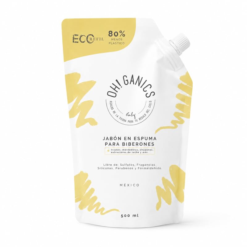 OH! GANICS Jabón en Espuma Refill para la Limpieza de los Biberones de Bebé Sin Fragancia 500 ml