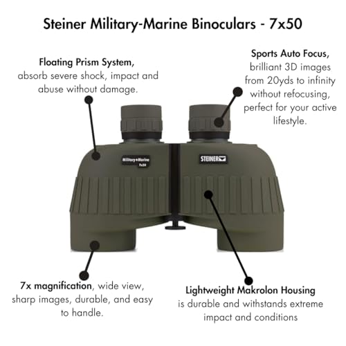 Steiner Military-Marine Series Binoculars, Lightweight Tactical Precision Optics for Any Situation, Waterproof, Green, 7x50
