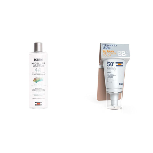 ISDIN Micellar Solution 4 en 1 Agua Micelar: Limpia, Desmaquilla, Hidrata y Tonifica, 400ml + Fotoprotector spf 50+ Gel Crema Dry Touch C