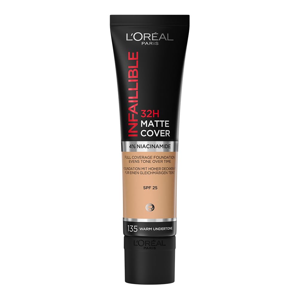 L'Oréal Paris, Infalible 24h Matte Cover base de maquillaje mate alta cobertura larga duración con skincare 4% Niacinamida, Anti-Imperfecciones, Tono 135 Vanilla, 30ml