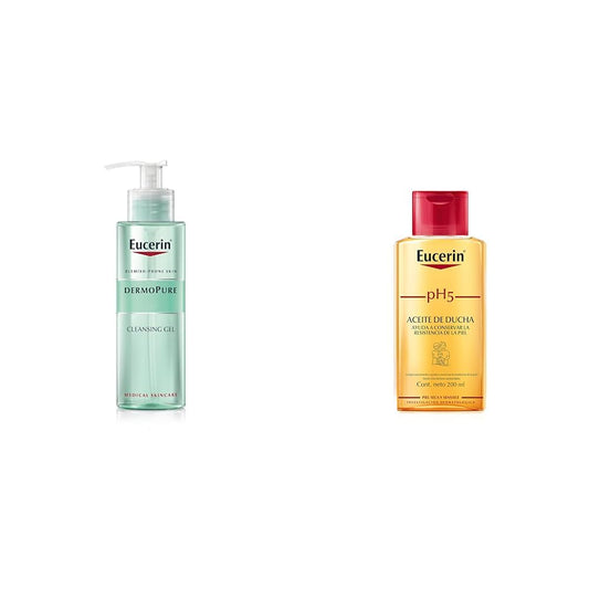 Eucerin Gel limpiador facial piel grasa imperfecciones, 400ml + Ph5 Aceite de Ducha para Piel Sensible o Seca, 200 ml