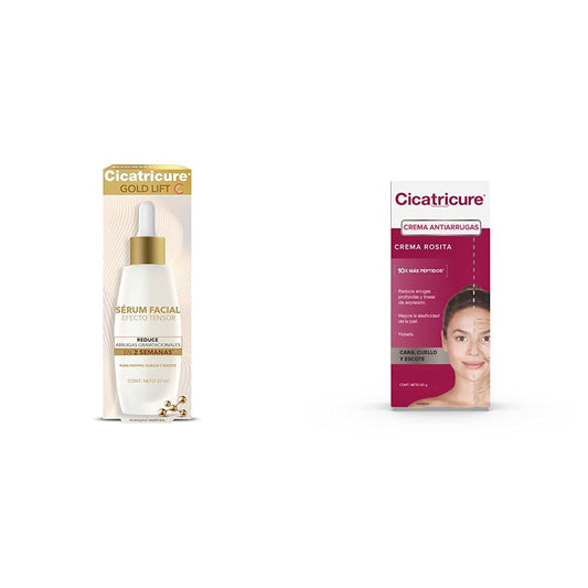Cicatricure GOLD LIFT Serum Facial, con EFECTO TENSOR para rostro, cuello y escote, frasco 27 ml. + CREMA ANTIARRUGAS, Cara, Cuello y Escote, 12 beneficios en 1, tubo 60 ml