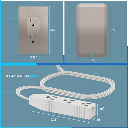 LIDER Extensor de Tomacorriente de Cara Plana con 3 Receptáculos, Placa de Pared Ultra-Delgada con Extensor de Cable y Regleta de 3 Tomas, Cable de 3 pies, LWE3-315-NK, Certificado ETL, Níquel