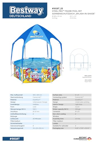Bestway - Piscina con Marco Profesional de Acero con protección Solar en el Techo, sin Bomba de diámetro, 183 x 51 cm, diseño subacuático Redondo