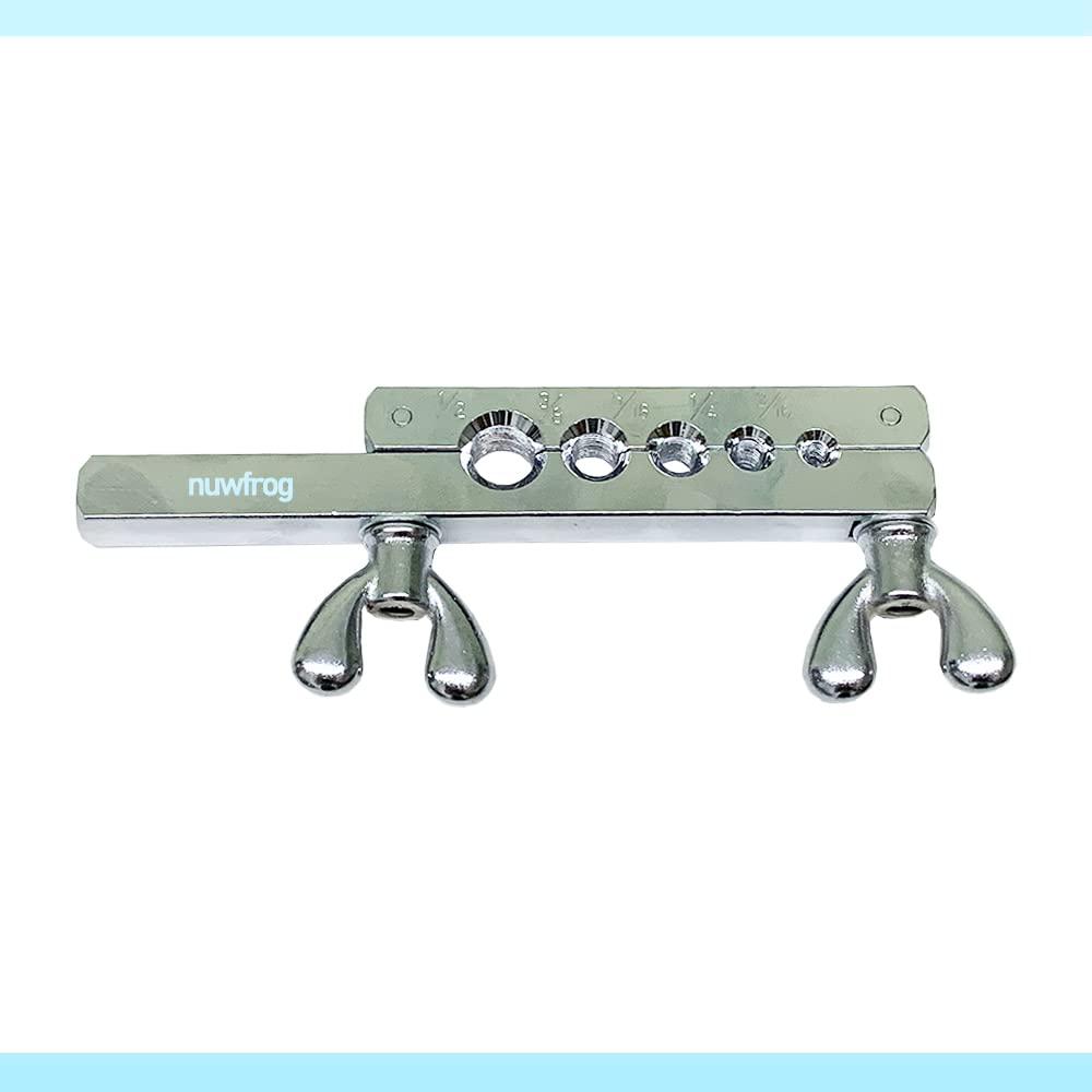nuwfrog Kit de herramientas de doble flaring para automóvil con 5 troqueles extra (3/16, 1/4, 5/16, 3/8 y 1/2 pulgadas) de adaptadores para tubo de freno de latón y línea de aluminio de cobre. Herramienta de llamarada de 45 grados.