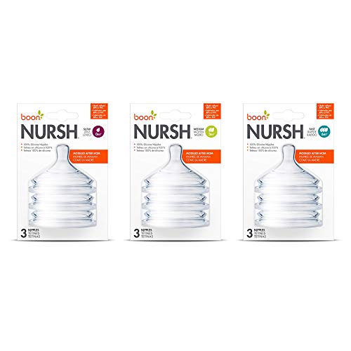 Boon Nursh - Pezones de biberón de silicona para biberones de bebé Boon Nursh - Suministros de alimentación de biberones de bebé - Pezones de biberón de flujo rápido - 3 unidades