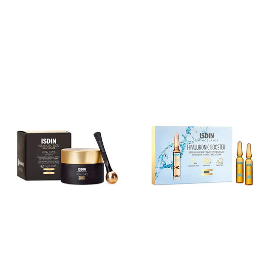 ISDIN Isdinceutics vital eyes, crema contorno de ojos antiarrugas, con melatonina y cafeina,15 ml + ceutics Hyaluronic Booster, Sérum hidratante y calmante intensivo con ácido hialurónico,5 ampolletas