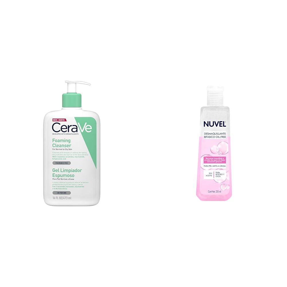CeraVe Gel Limpiador Espumoso |473ml| Limpiador diario para piel mixta, grasa o con acné | Libre de fragancia + Nuvel Desmaquillante Bifasico Oil Free para Piel Mixta y Grasa, 235 ml