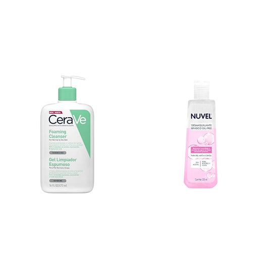 CeraVe Gel Limpiador Espumoso |473ml| Limpiador diario para piel mixta, grasa o con acné | Libre de fragancia + Nuvel Desmaquillante Bifasico Oil Free para Piel Mixta y Grasa, 235 ml