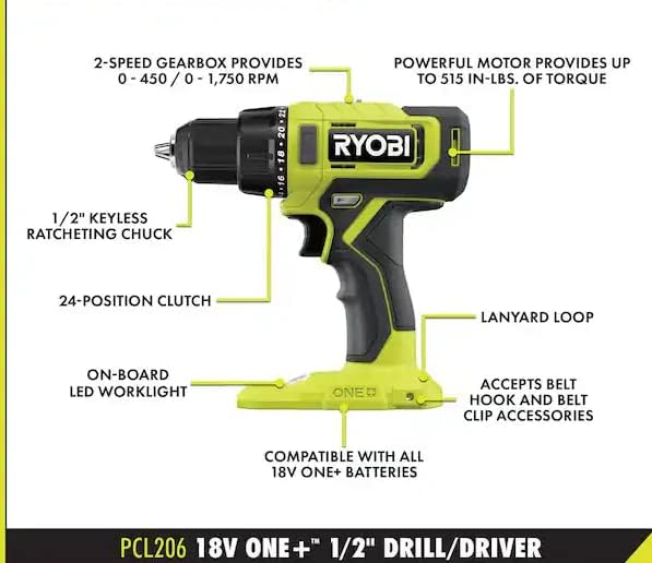 RYOBI ONE+ 18V inalámbrico 1,27 cm. Kit de taladro/destornillador con (1) batería de 1,5 Ah y cargador